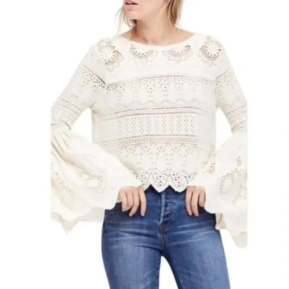 Free People Retro Love Crochet Lace Bell Sleeve Top Cream XS OB617651